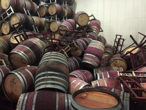 wine barrels askew, after earthquake